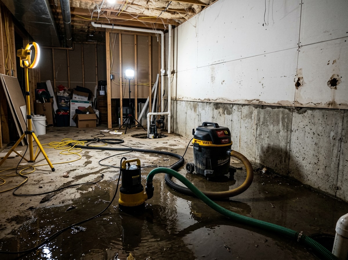 Industrial water extraction equipment removing floodwater from a basement floor