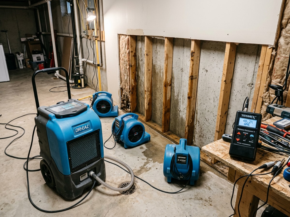 Technician performing moisture mapping and structural drying during a basement flood cleanup