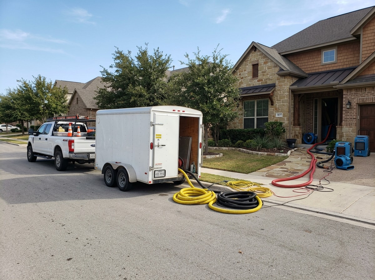 Restoration crew extracting floodwater from a Fort Worth basement with truck-mounted equipment