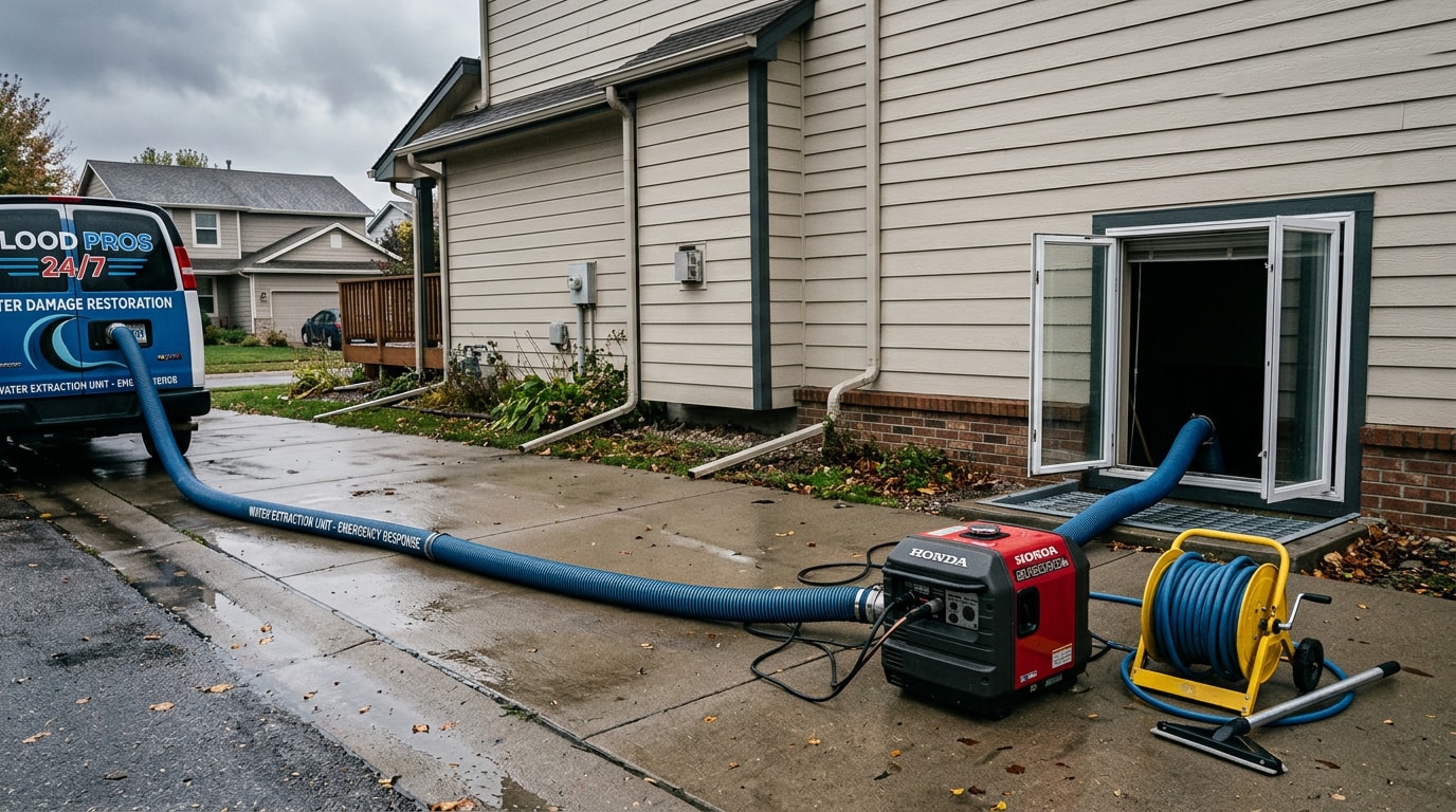 Truck-mounted water extraction equipment set up outside a Fort Worth home for basement flood clean up