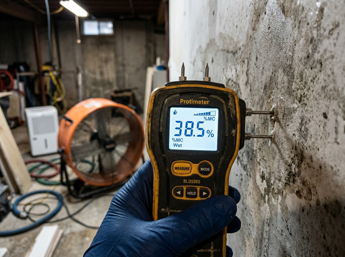 Technician using a moisture meter to check a drying basement wall after water extraction