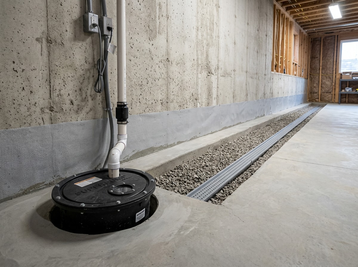 Newly installed interior drainage channel and sump system along a basement foundation wall