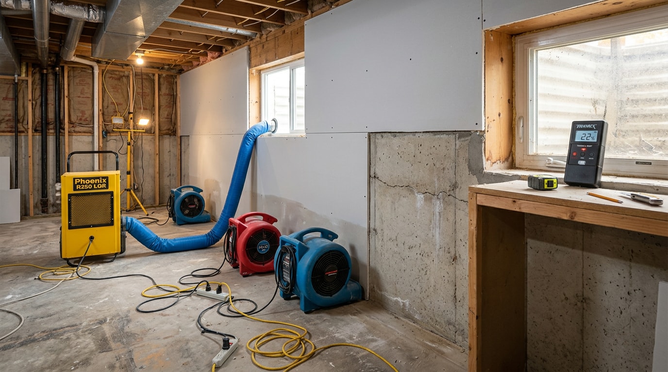 Dried basement in a Dallas Fort Worth home after professional water damage restoration with drying equipment still running