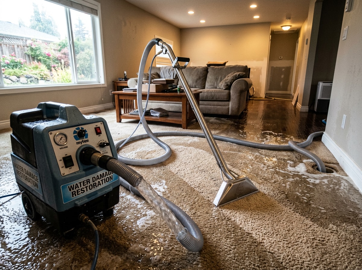 Technician operating emergency water extraction equipment in a flooded Fort Worth home