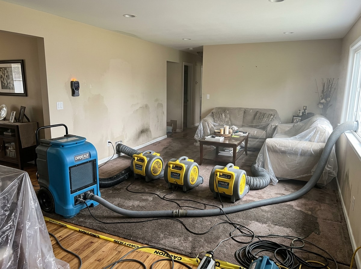 Industrial dehumidifiers and air movers drying a residential living room after a burst pipe