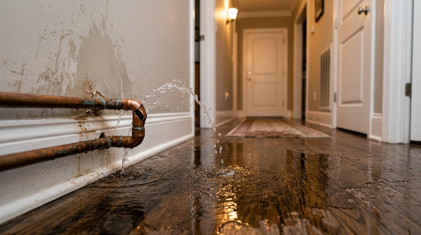 Burst copper pipe leaking water onto a hardwood floor in a Fort Worth home