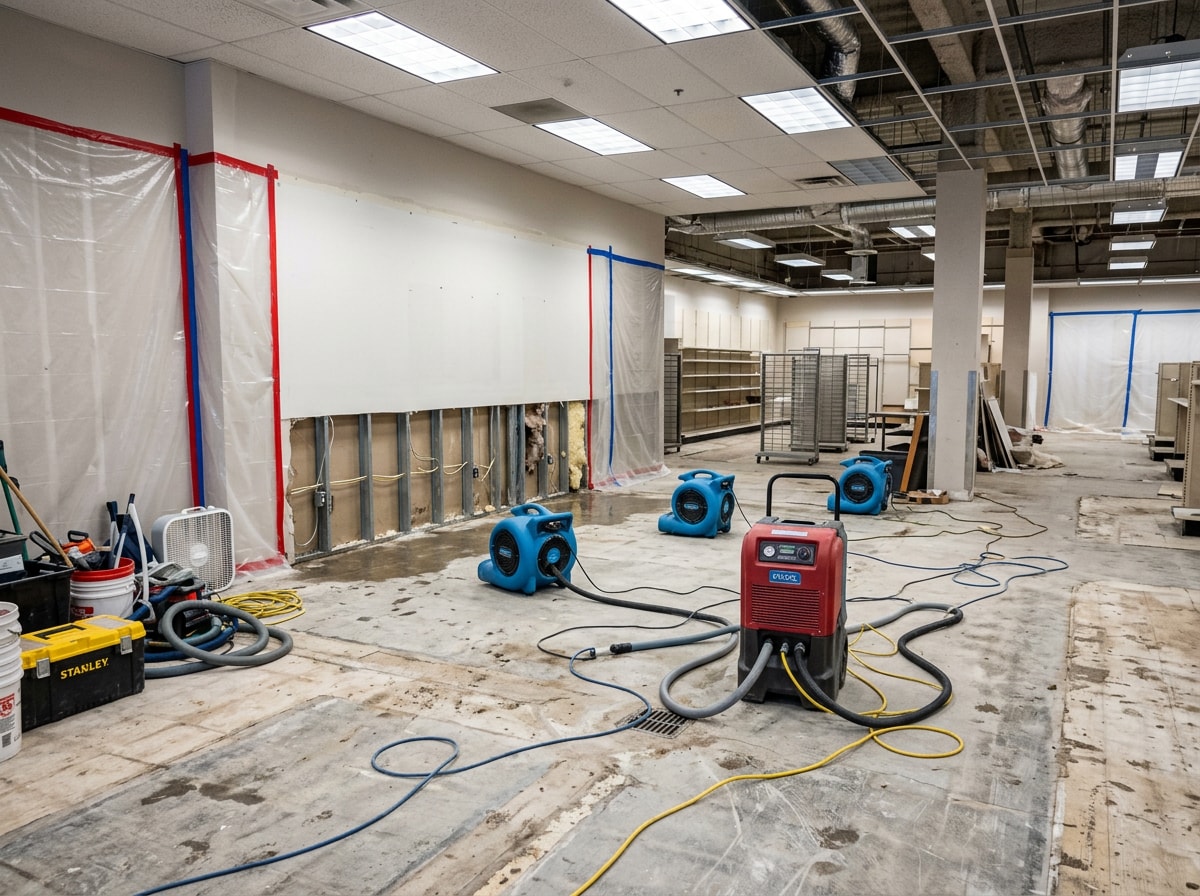 Industrial dehumidifiers and air movers set up inside a commercial retail space during water damage drying