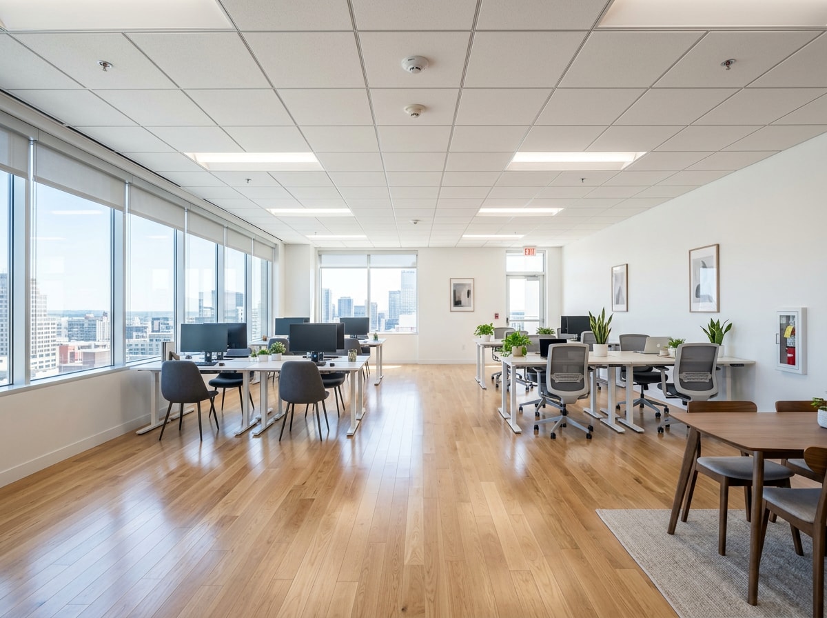 Rebuilt commercial office interior with new flooring and fresh paint after fire reconstruction