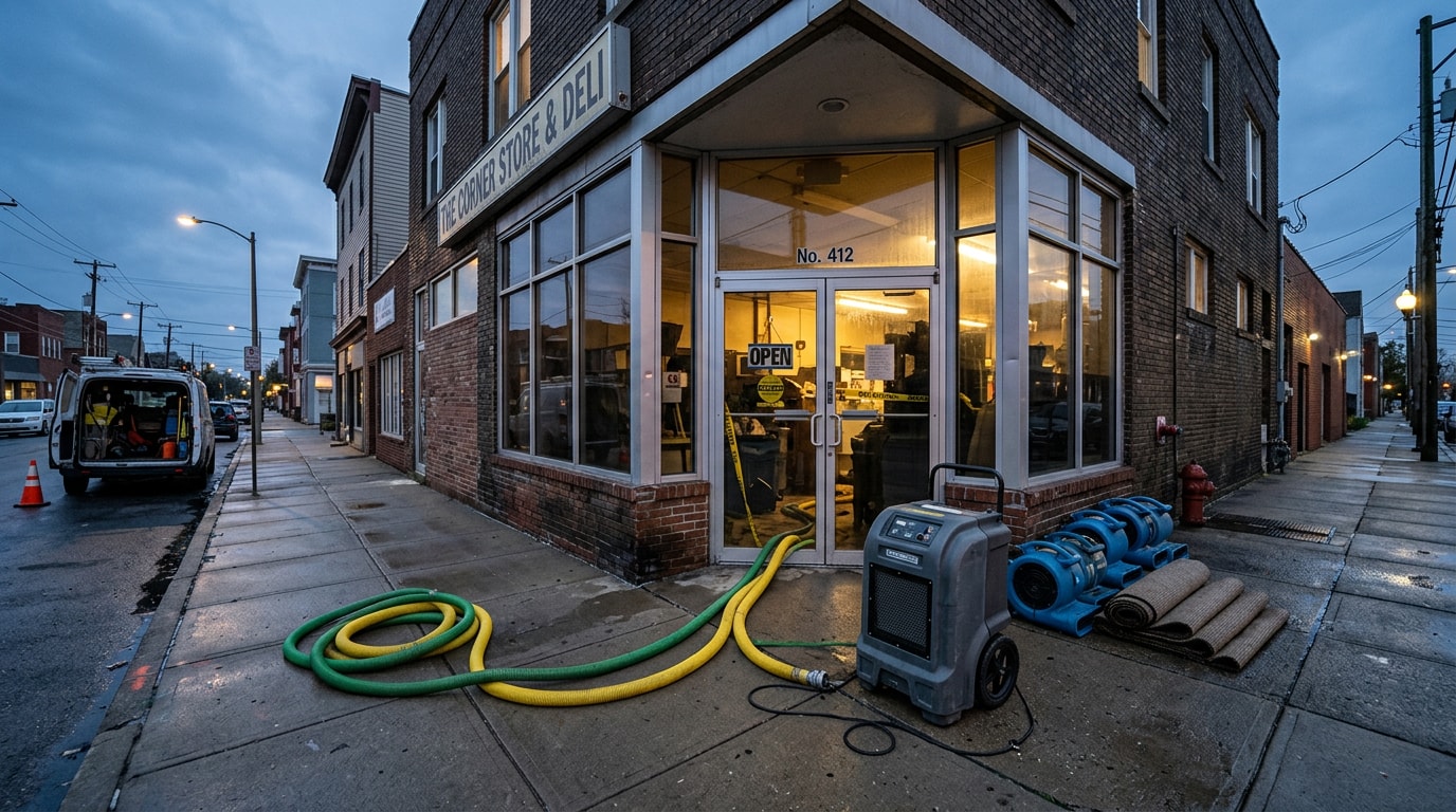 Commercial building exterior with water damage restoration equipment staged for emergency response