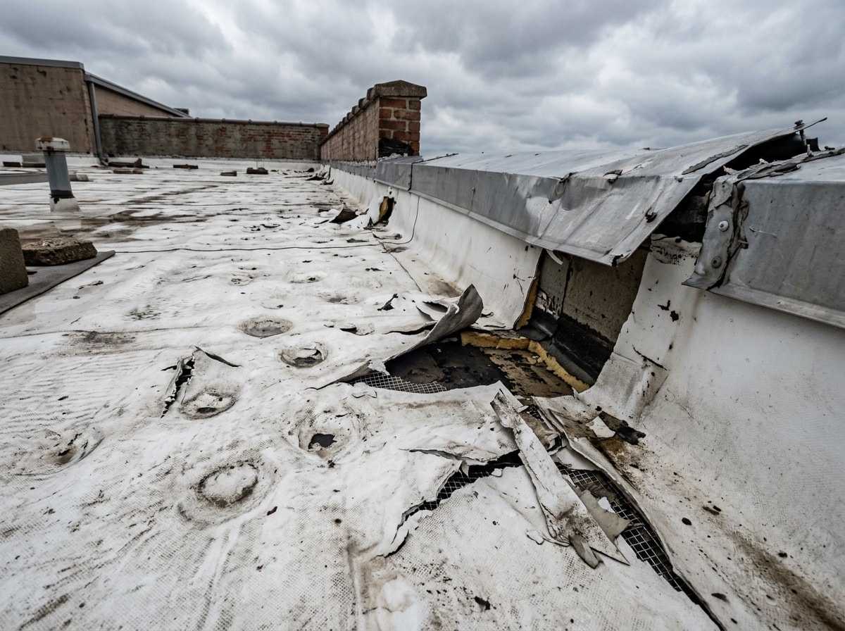 Hail-damaged commercial flat roof membrane with torn flashing after a North Texas storm