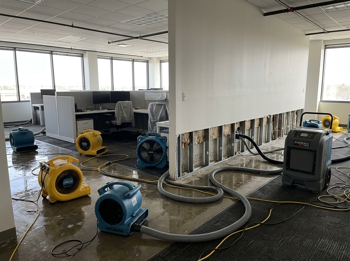 Commercial dehumidification and air mover equipment drying a storm-damaged interior office space