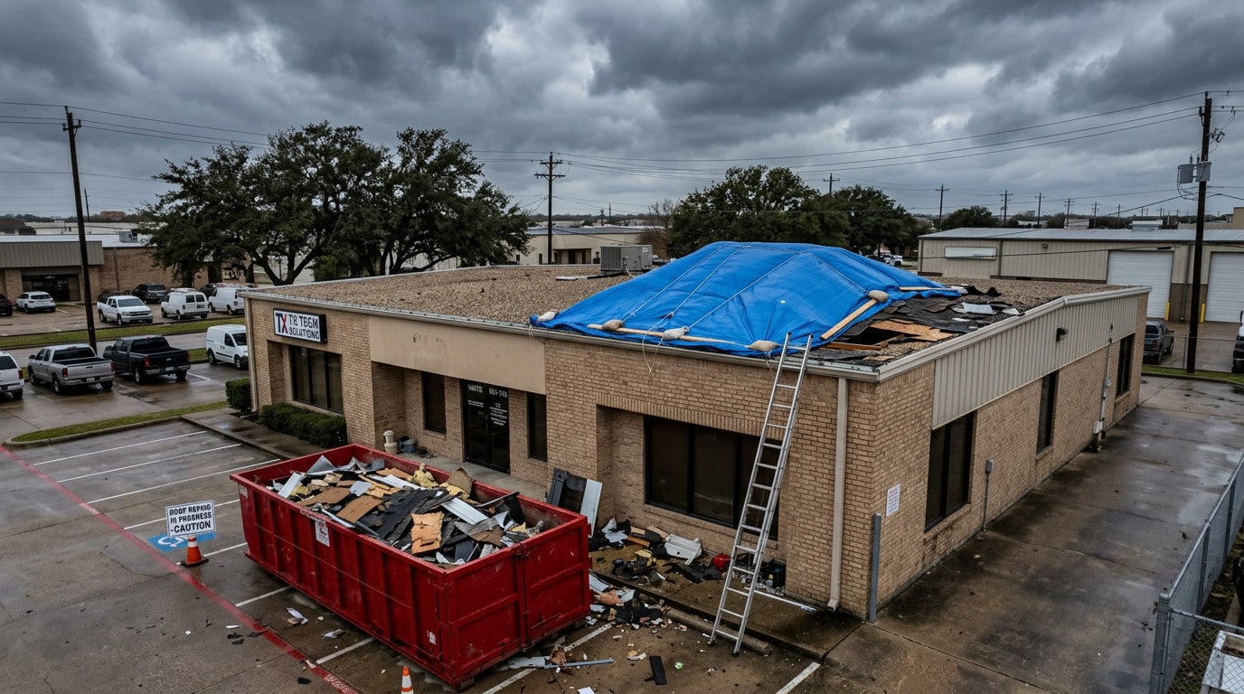 Commercial building with storm-damaged roof section covered by an emergency tarp in Arlington, TX