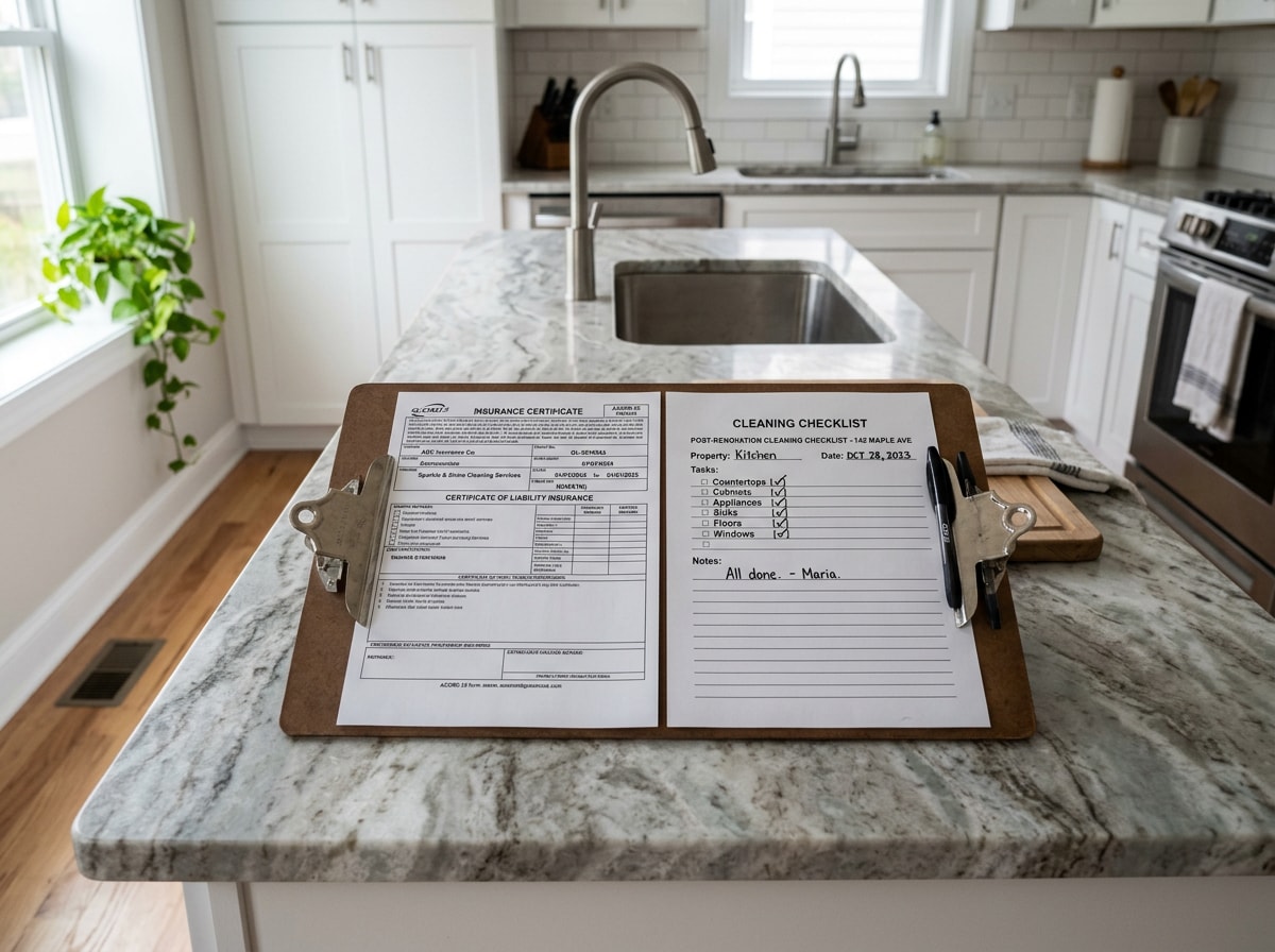 Clipboard with insurance certificate and cleaning checklist resting on a finished countertop in a renovated Plano kitchen