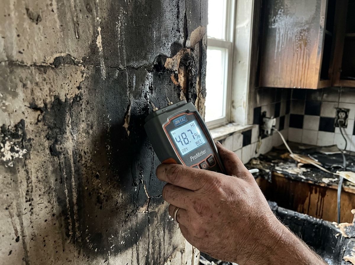 Technician documenting fire and water damage during initial restoration assessment in a Dallas home