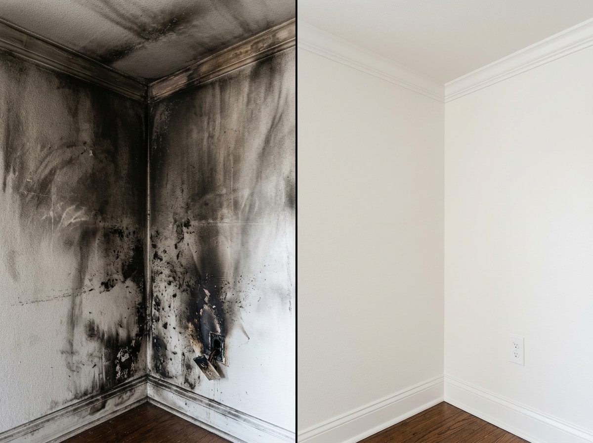 Before and after comparison of soot and smoke damage cleanup in a Dallas home interior