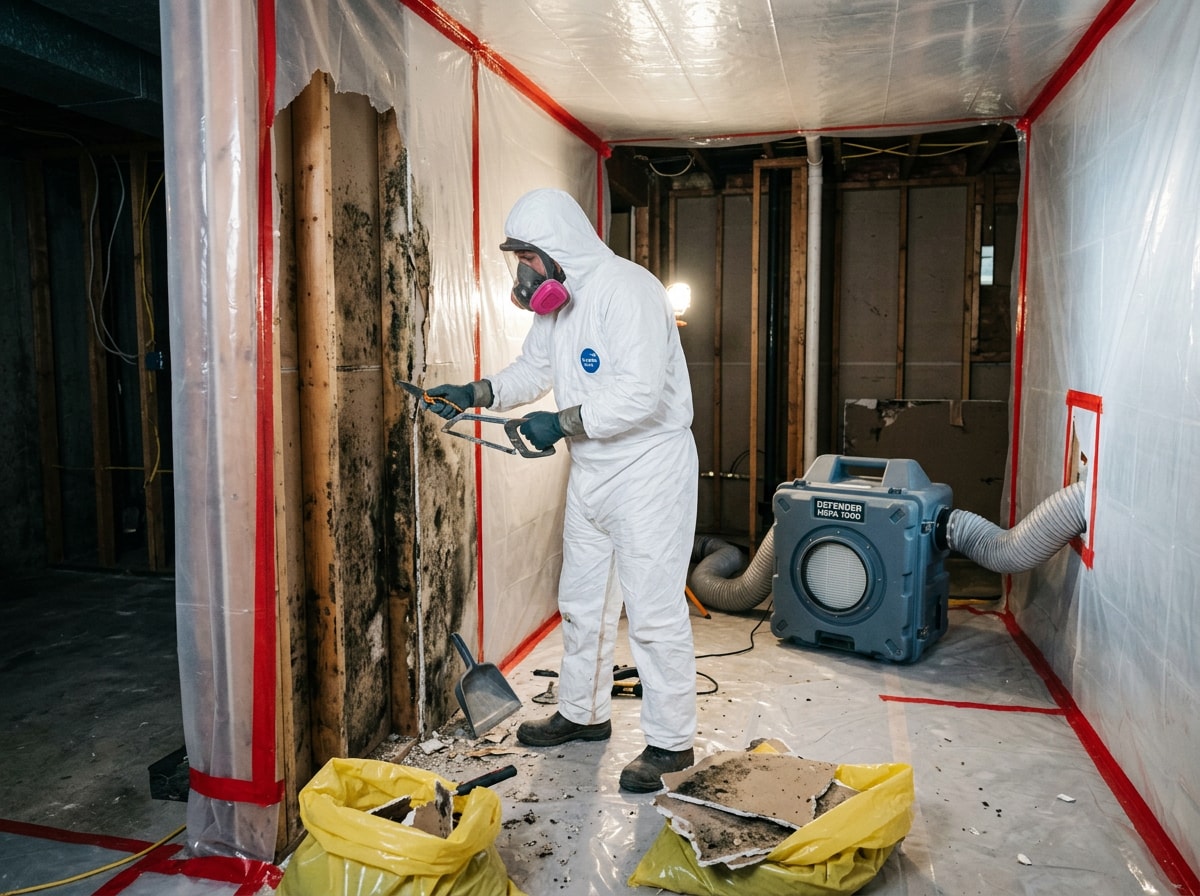 Restoration technician in full PPE performing mold containment and removal in a residential Dallas home