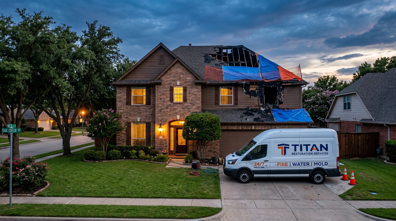 Fire-damaged home in Dallas, TX undergoing restoration with a service van parked outside Fire-damaged home in Dallas, TX undergoing restoration with a service van parked outside
