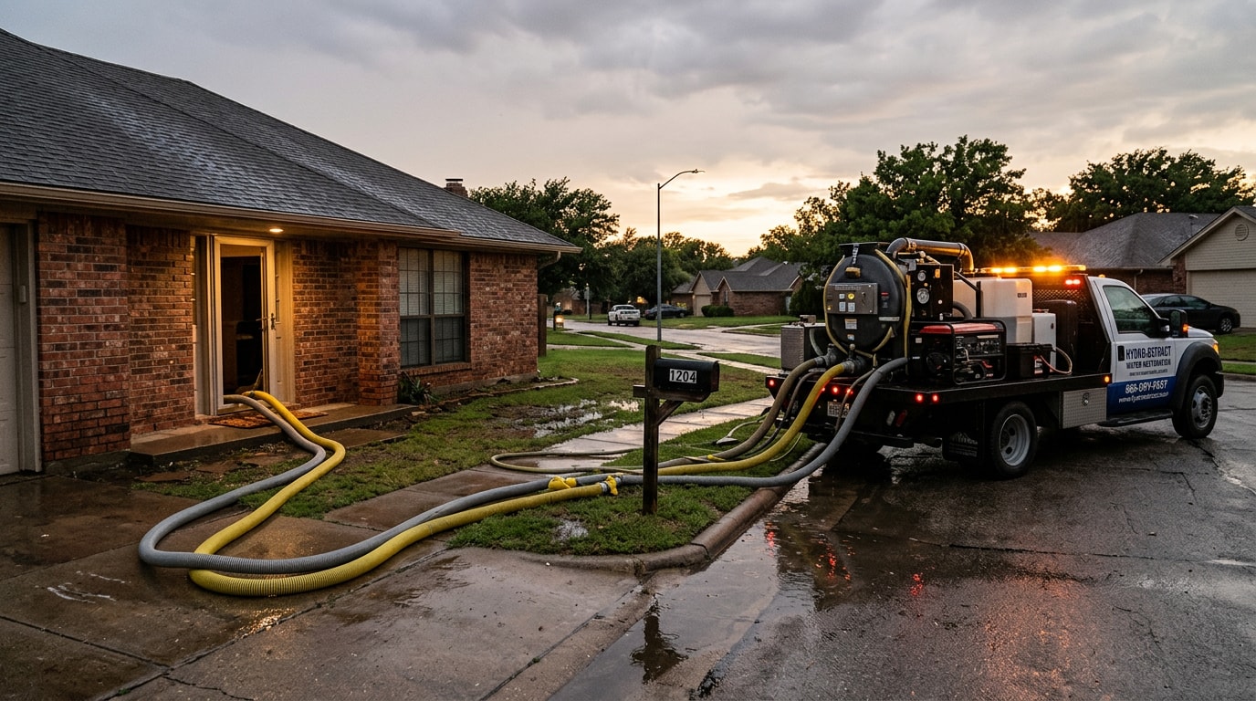 Flood restoration equipment set up outside a storm-damaged home in Irving, TX