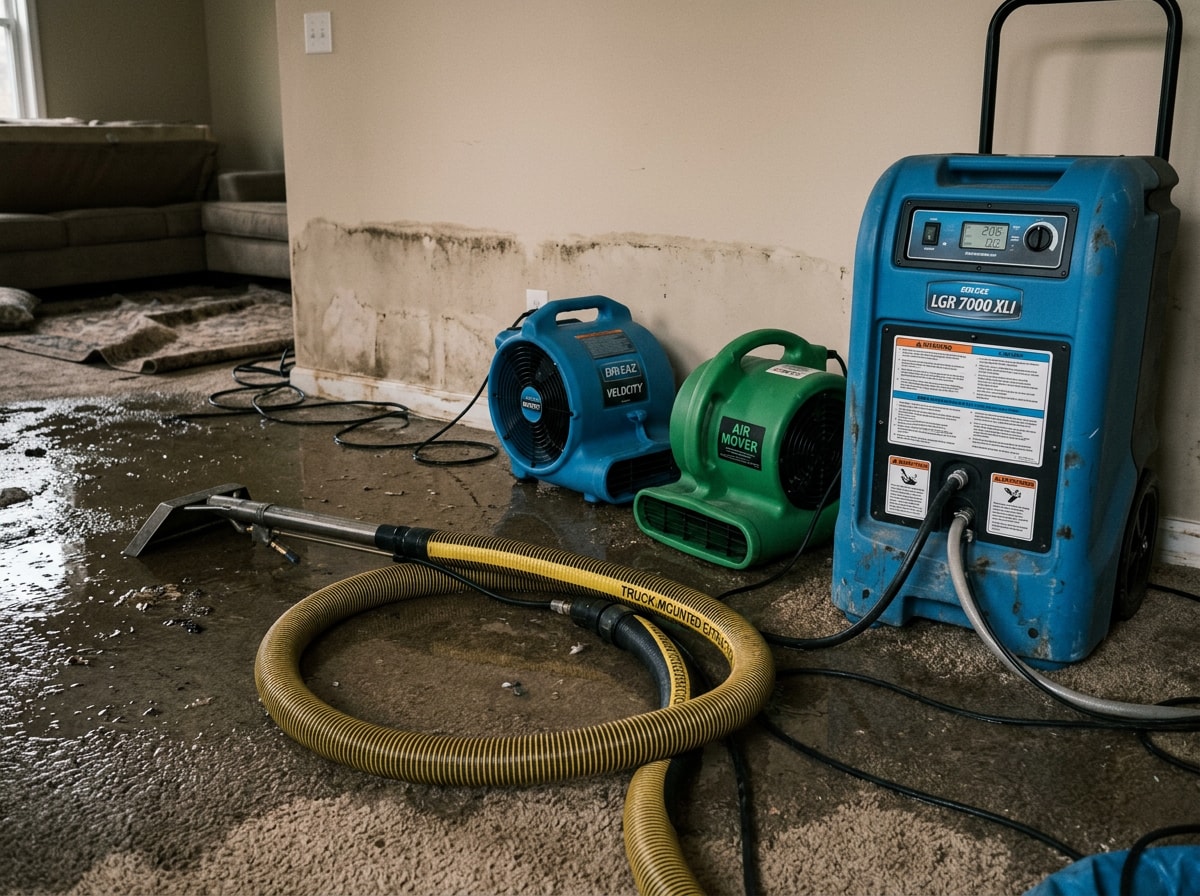 Flood remediation technician's extraction and drying equipment set up in a flooded Arlington, TX living room