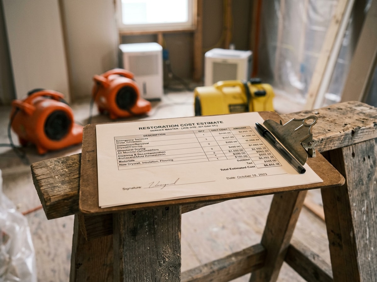Itemized flood damage restoration estimate paperwork on a clipboard at an Arlington, TX jobsite