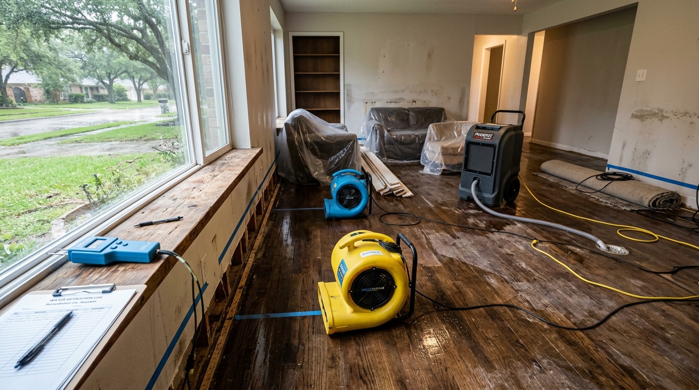 Flood remediation equipment set up inside a water-damaged Arlington, TX home Flood remediation equipment set up inside a water-damaged Arlington, TX home