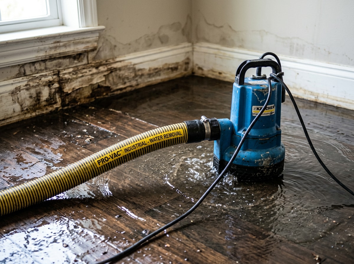 Flood restoration technician extracting standing water from a flooded Plano home before structural drying equipment is set up