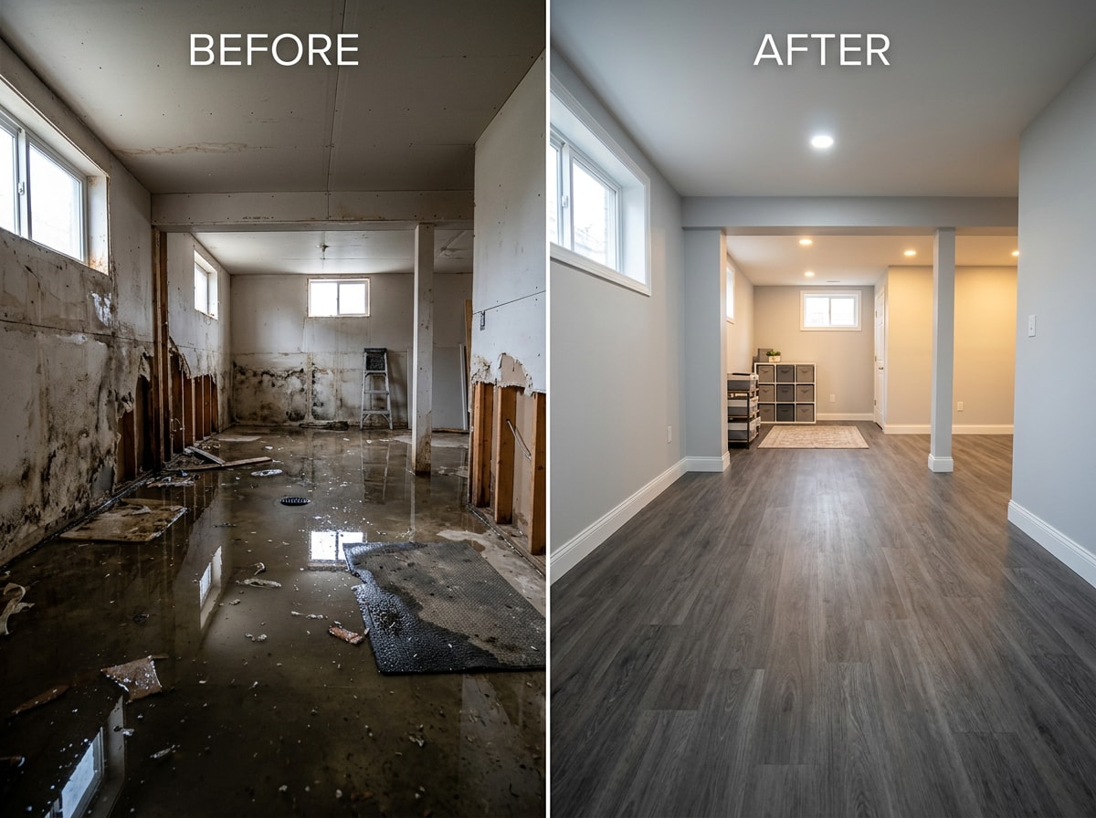 Before and after comparison of a Plano basement recovering from flood damage following professional water extraction and drying
