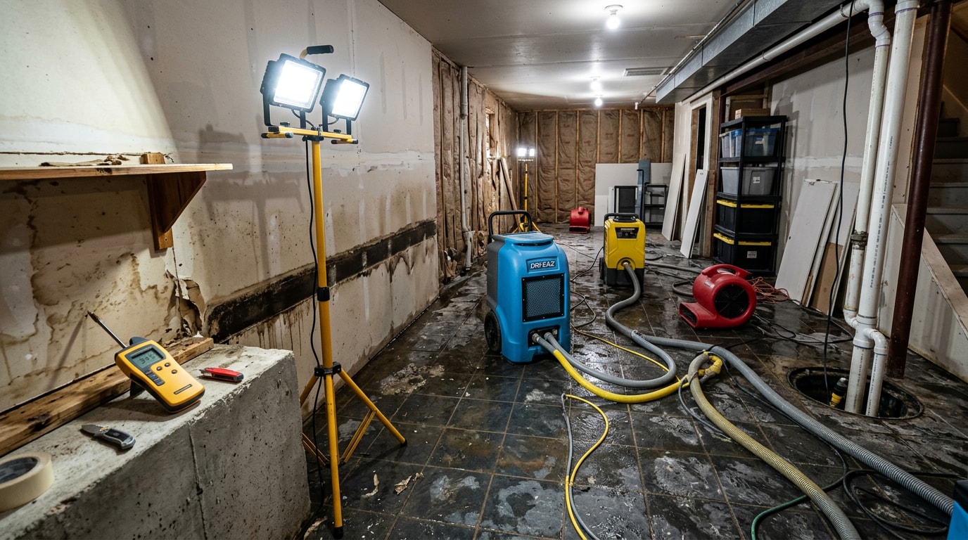 Industrial water extraction and drying equipment set up in a flooded basement during professional flood restoration Industrial water extraction and drying equipment set up in a flooded basement during professional flood restoration