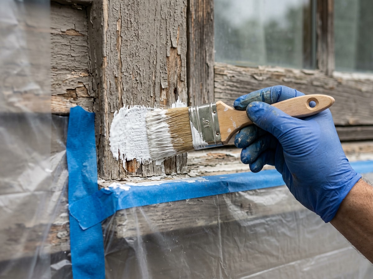 Technician applying an encapsulant coating to lead-painted window trim