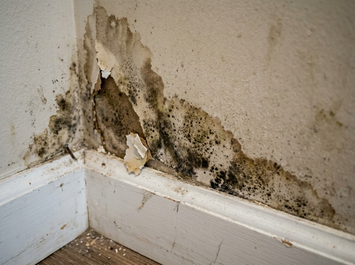Water-stained drywall and visible mold growth near a baseboard in a Dallas home