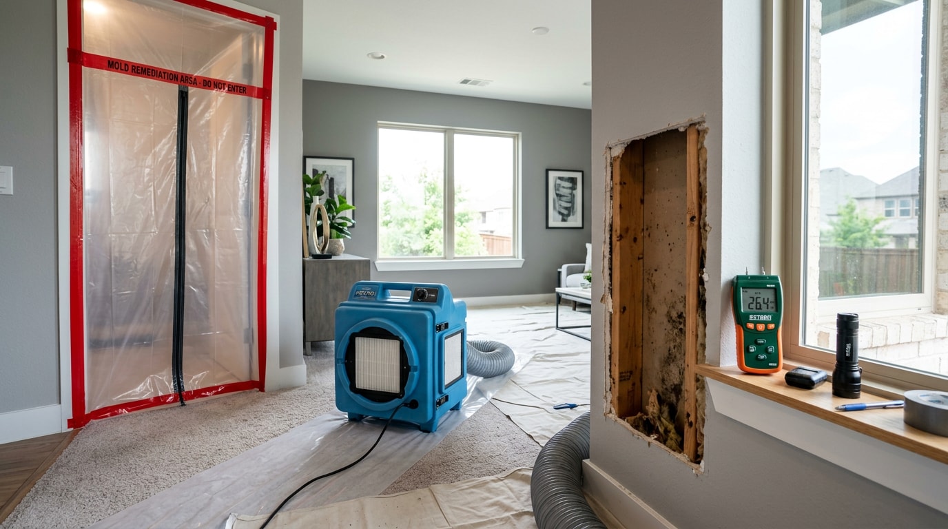 Mold remediation equipment including HEPA air scrubber and containment barrier set up in a Dallas home