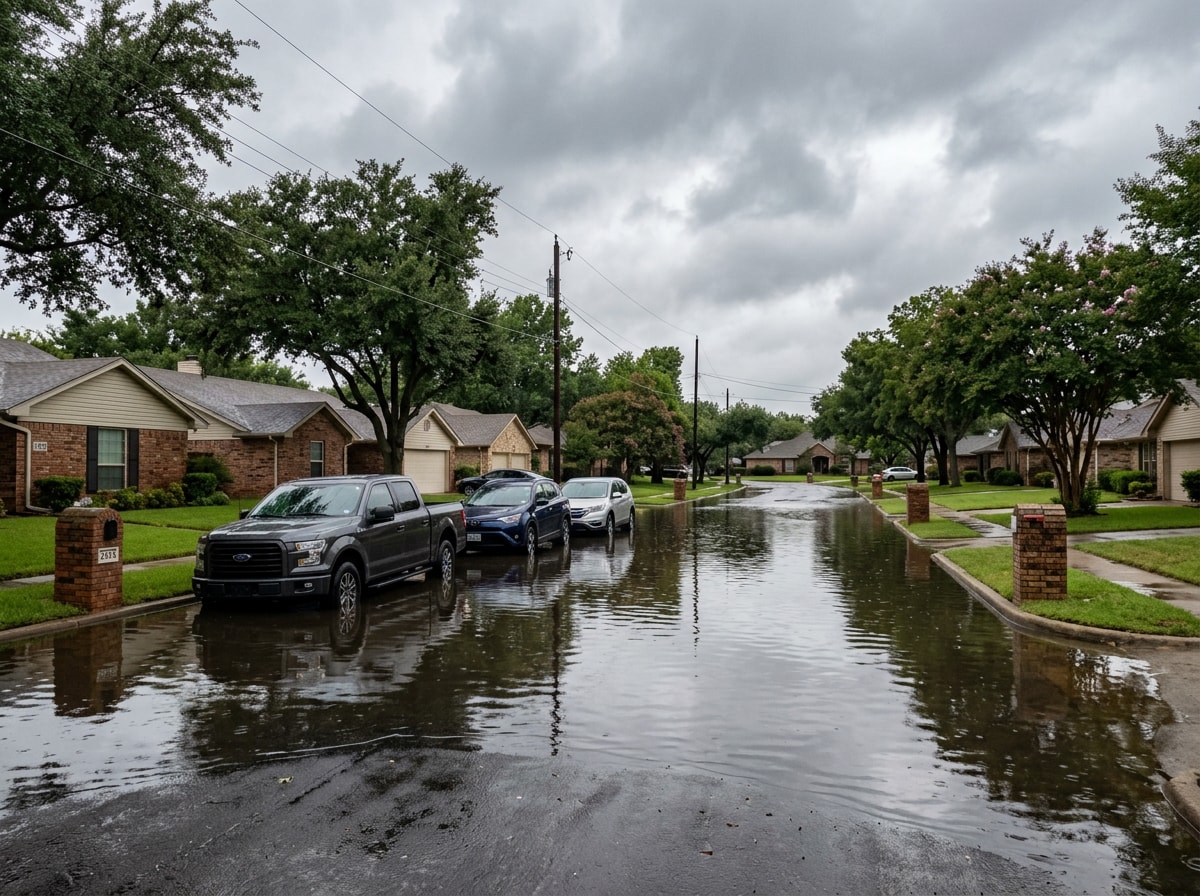 Flooded residential street in Irving, TX after a North Texas storm