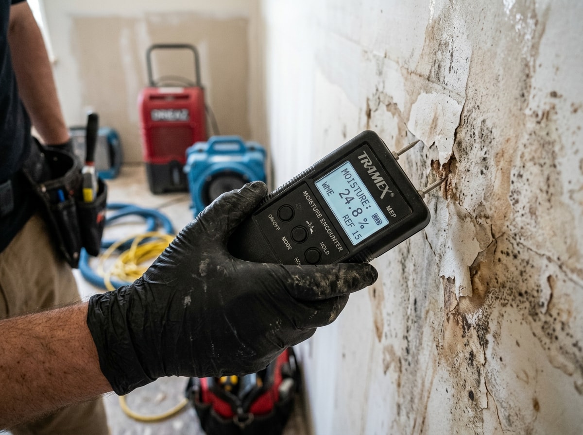 Technician using a moisture meter to inspect drywall after water damage