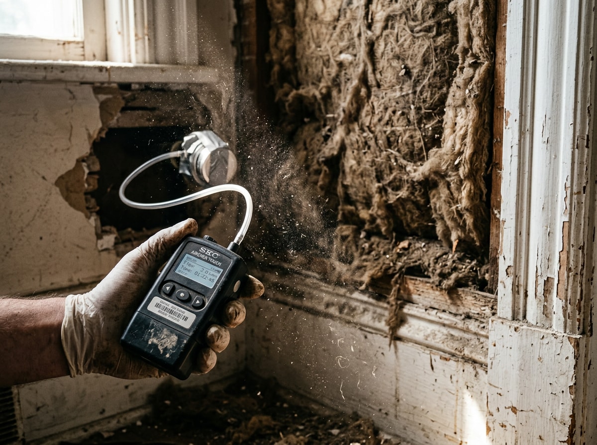 Technician in protective gear testing for asbestos and lead inside an older Fort Worth property