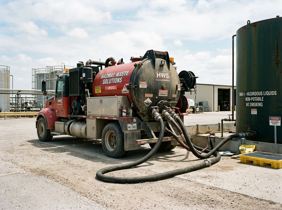 Industrial vacuum truck performing hazardous waste removal at a Fort Worth facility