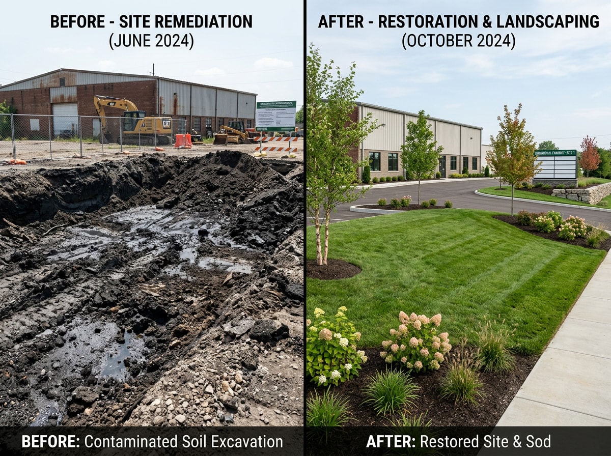 Before and after soil remediation at a Fort Worth commercial site with restored landscaping
