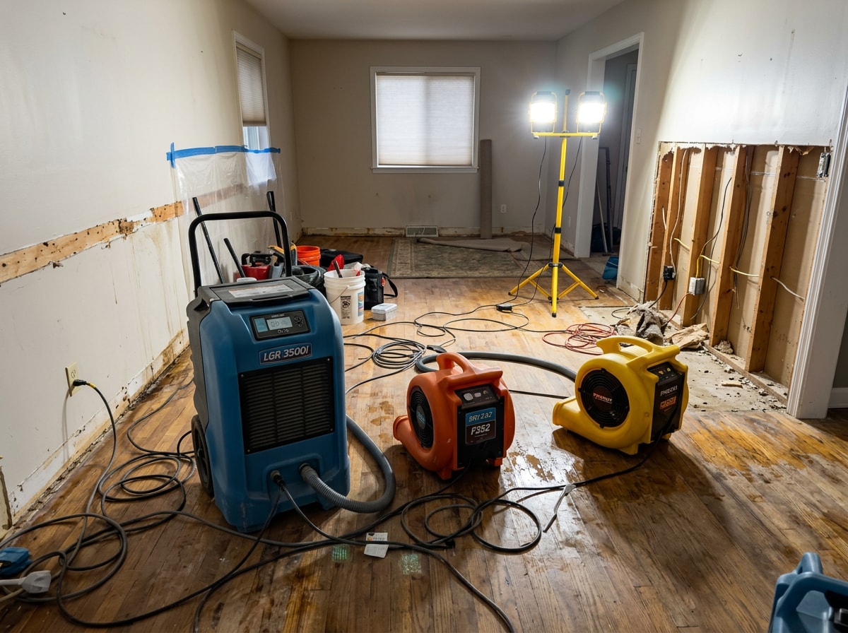 Industrial drying equipment set up during water damage restoration