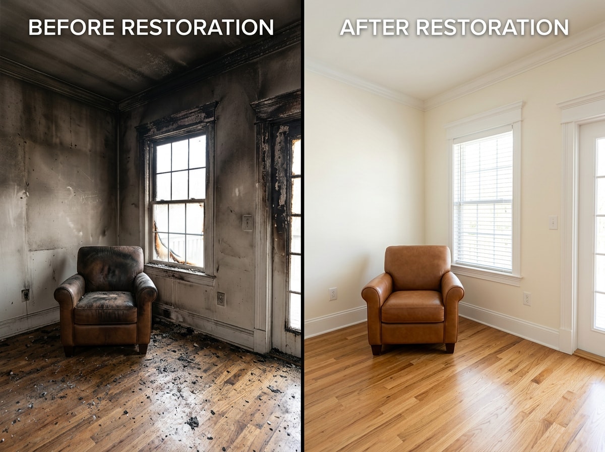 Before and after comparison of fire damage restoration in a home