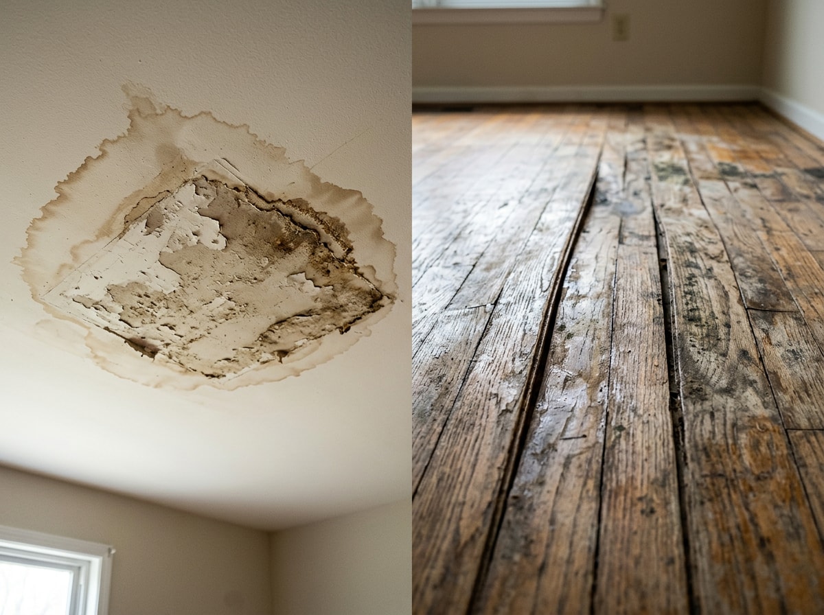 Collage of common water damage warning signs including a stained ceiling and warped wood flooring