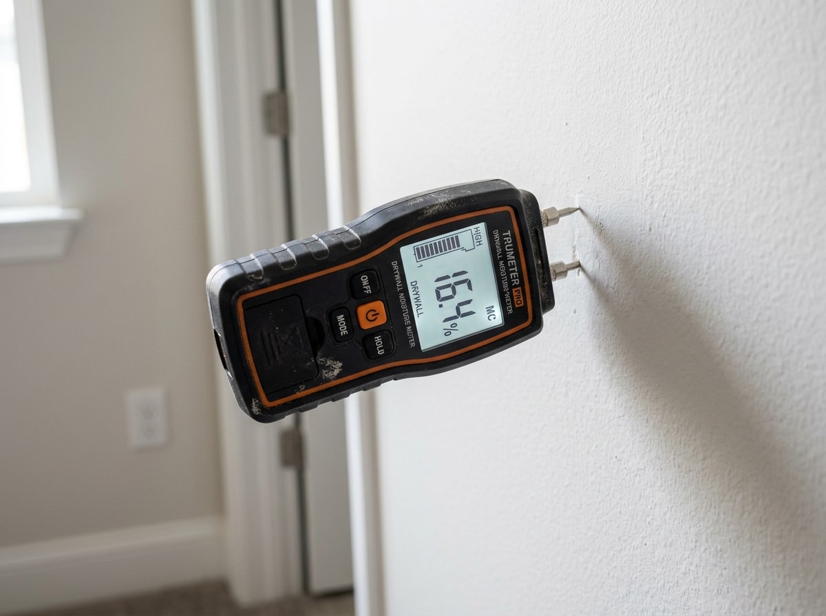 Technician using a moisture meter during a hidden water damage inspection in a Dallas Fort Worth home