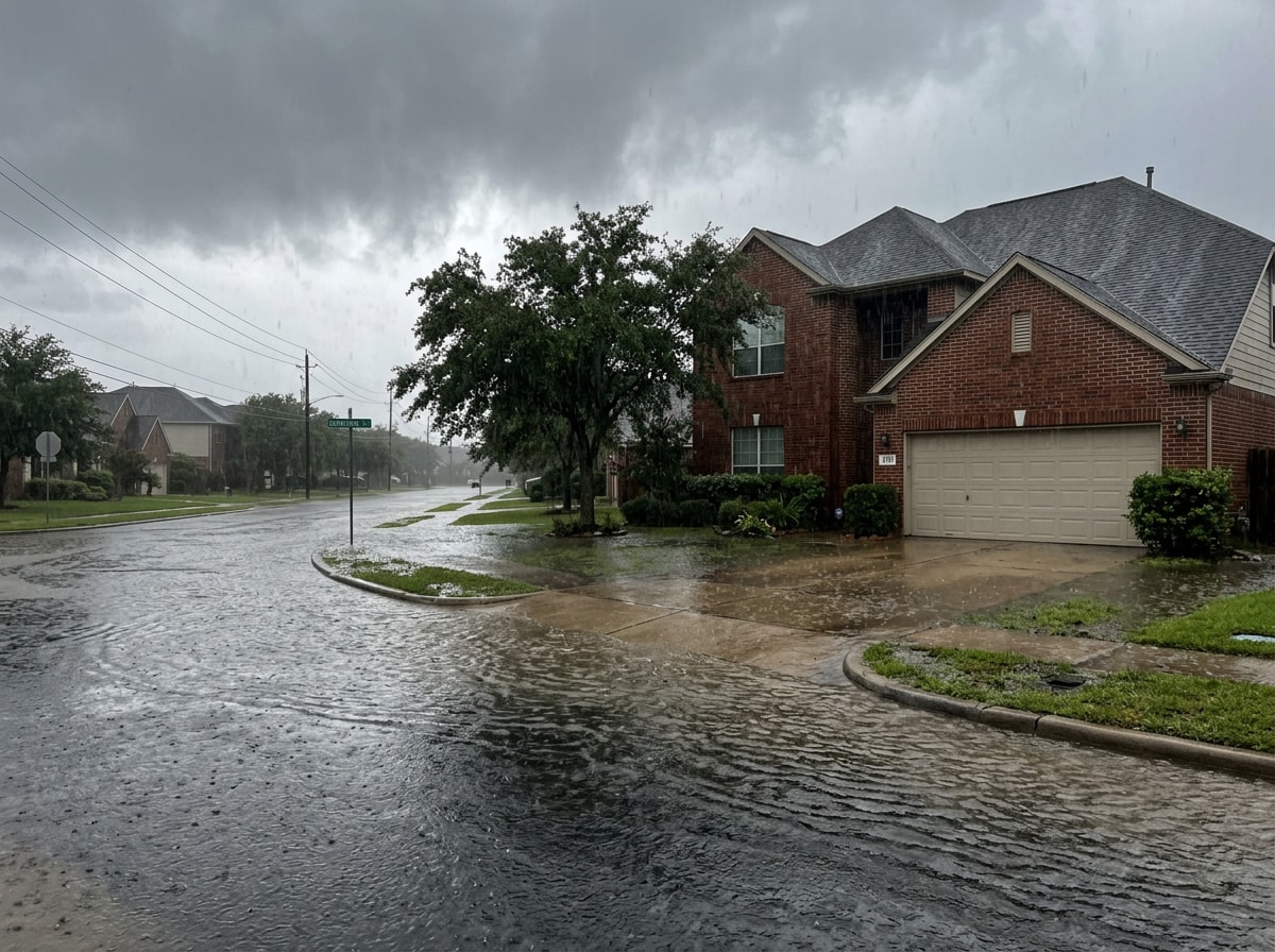 Street-level flooding near a Plano, TX slab foundation home after heavy rain