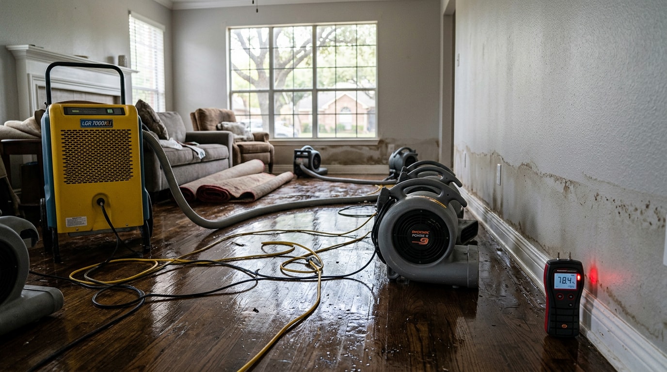 Industrial drying equipment set up in a Plano, TX home after water flood damage Industrial drying equipment set up in a Plano, TX home after water flood damage
