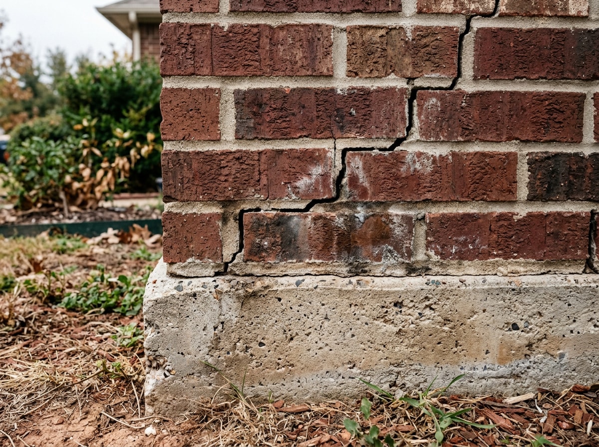Cracked exterior foundation wall with water staining caused by expansive clay soil movement in Irving, TX