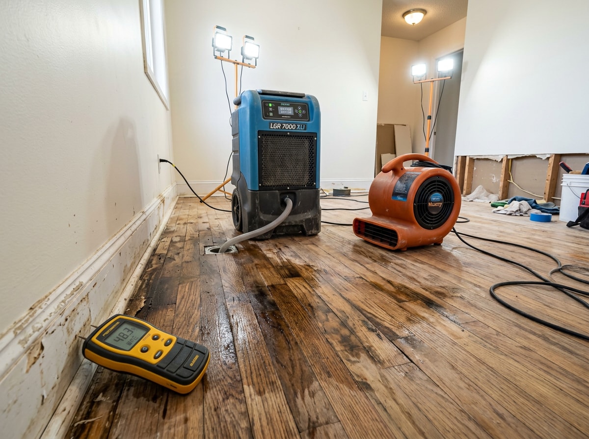 Technician using a moisture meter and dehumidifier during structural drying of a water-damaged Irving home interior