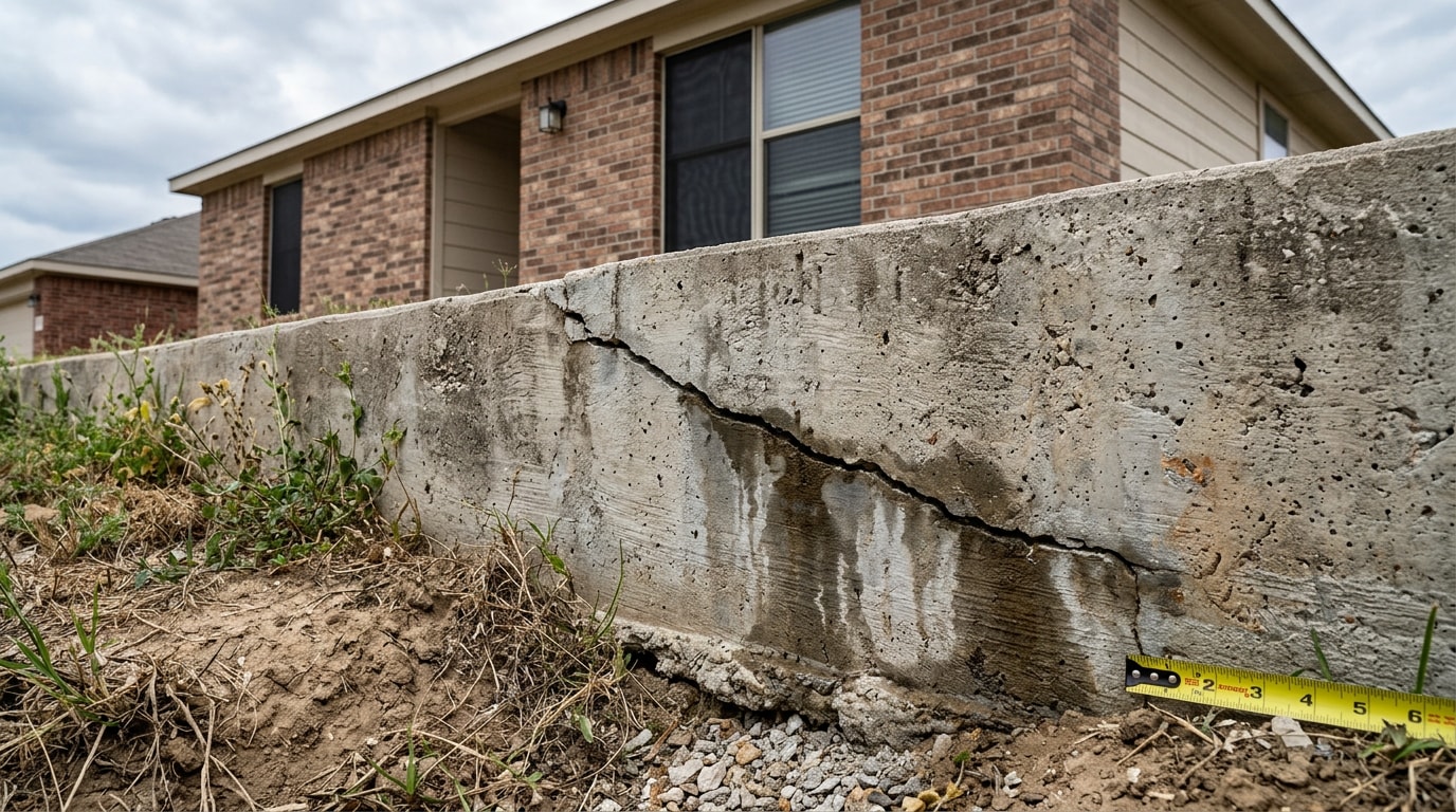 Cracked exterior foundation wall with water staining caused by expansive clay soil movement in Irving, TX