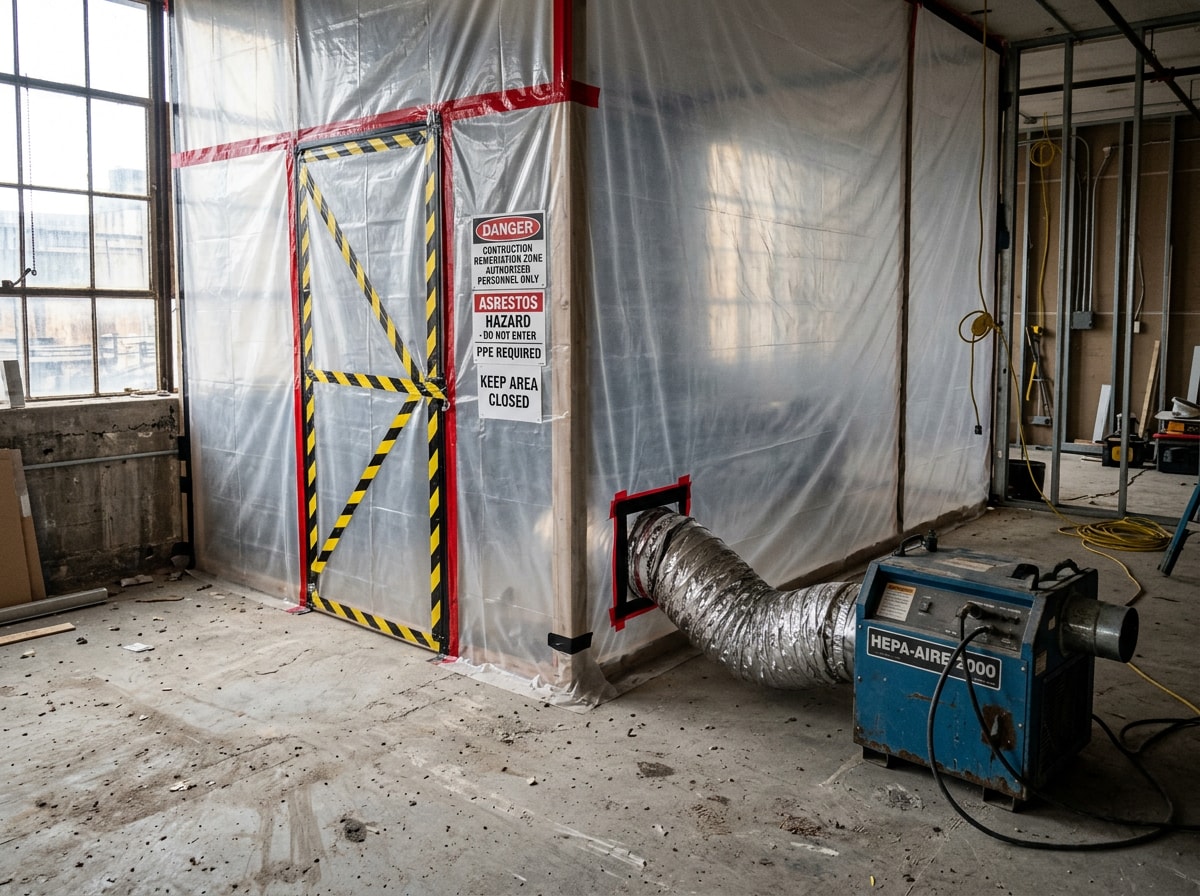 Contained construction site undergoing environmental remediation with protective barriers and signage