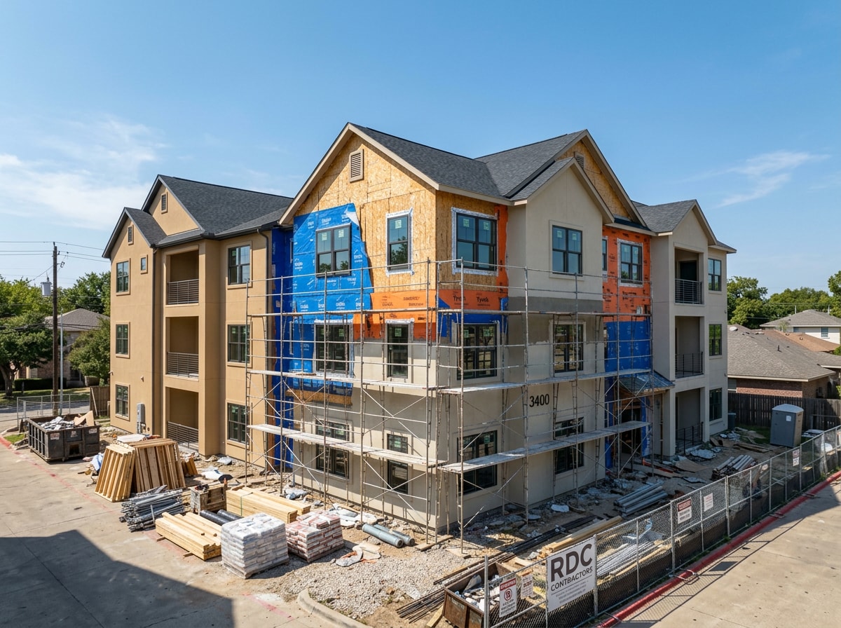 Dallas-area building envelope reconstruction project showing exterior waterproofing repair work