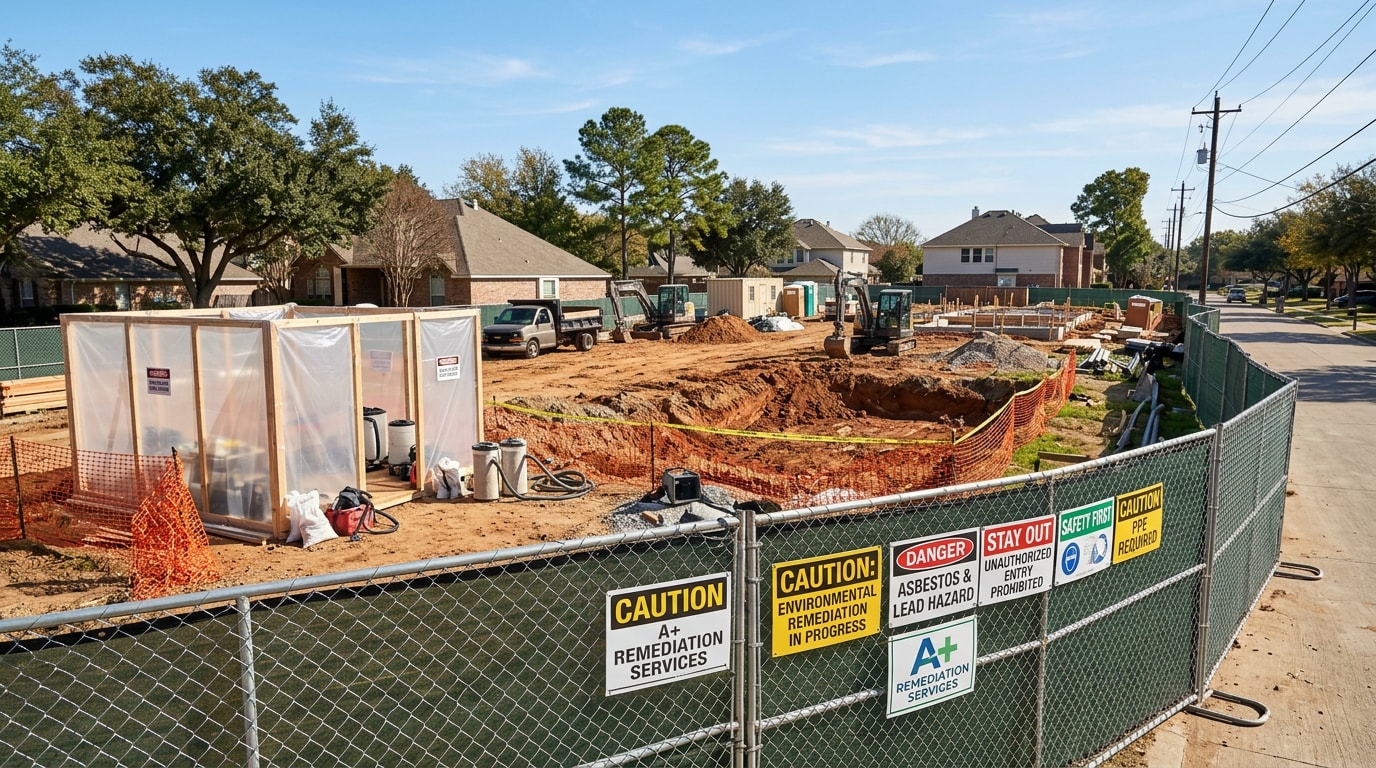 Dallas, TX construction site undergoing remediation with containment barriers and hazard signage