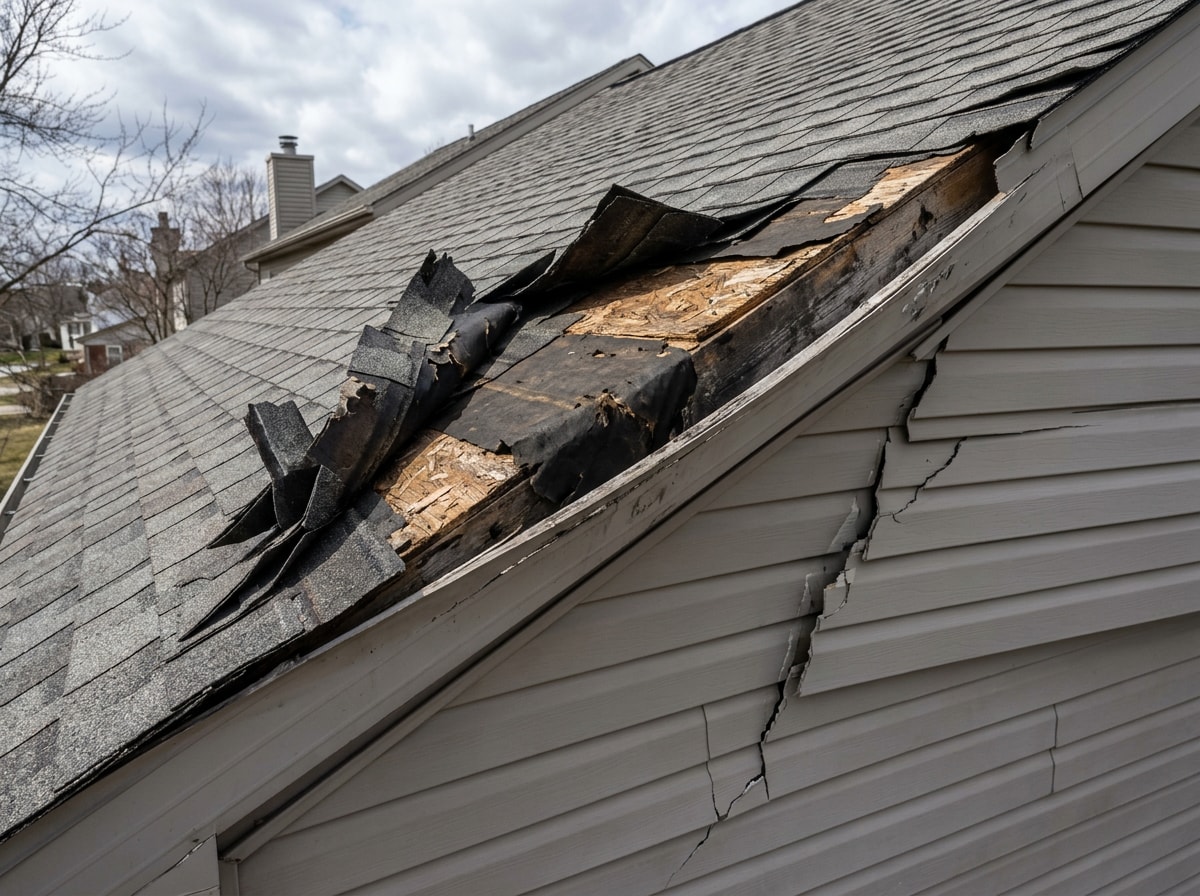 Wind-damaged roof and siding on a North Texas home after a straight-line wind storm