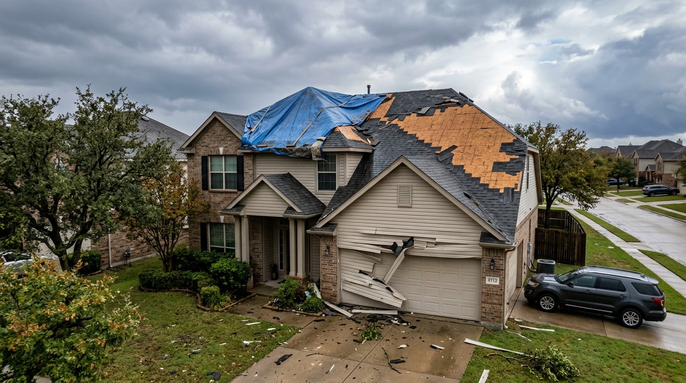 Home exterior showing wind damage to roof shingles and siding with a protective tarp installed